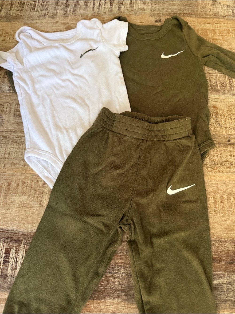 Nike Olive Green Joggers, long sleeve & White Short-Sleeve Bodysuit Set